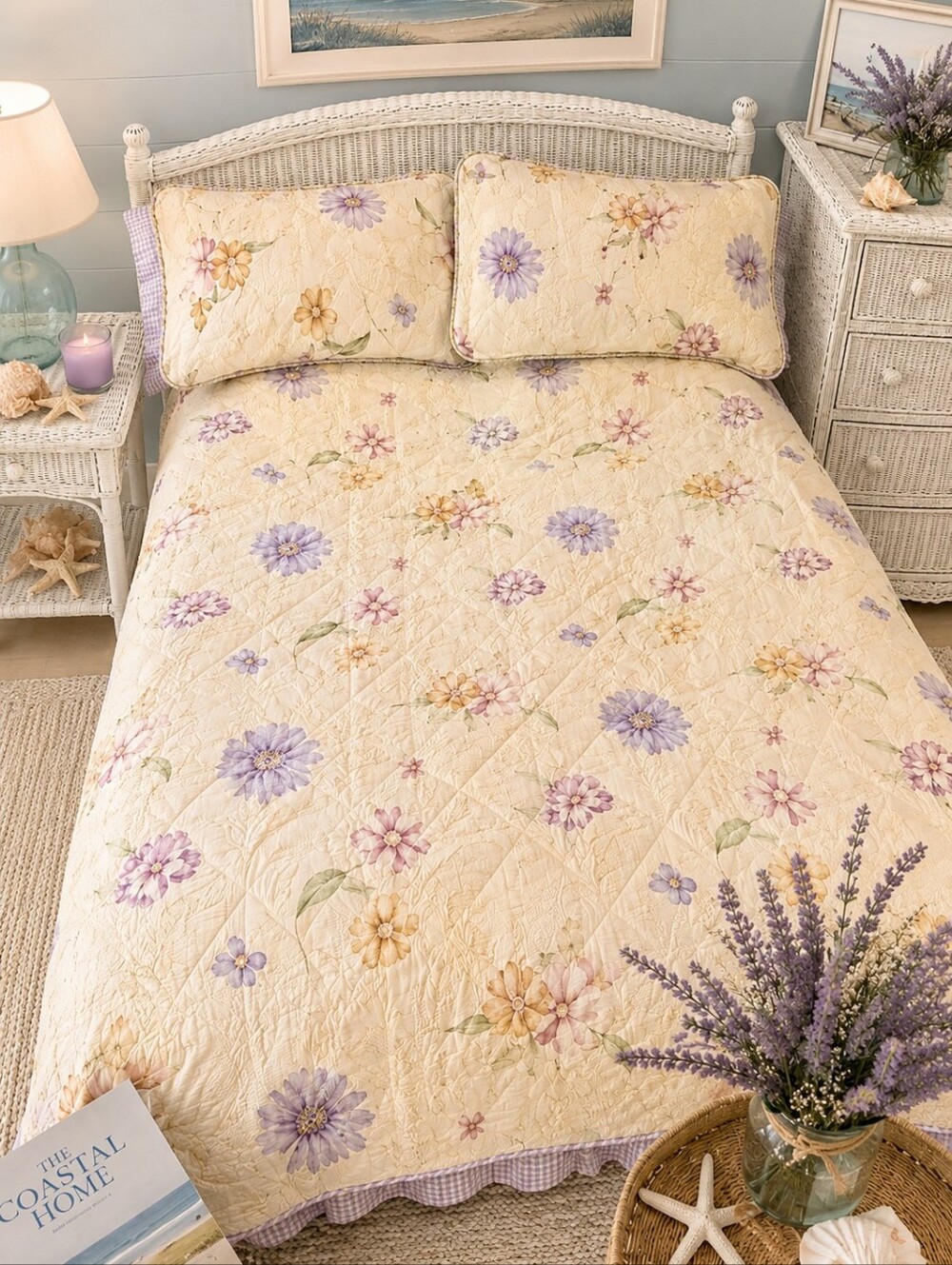 Vintage Watercolor Floral Butter Cream Color  Quilted Queen Bedspread Set